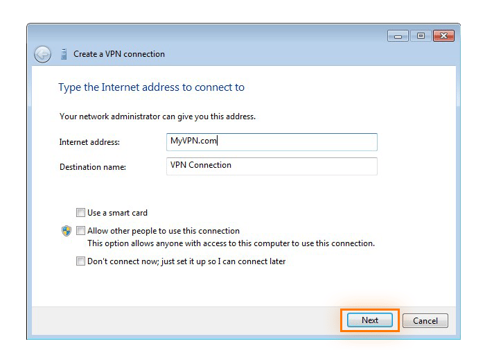 Entering the VPN server name to create a new VPN connection in Windows 7